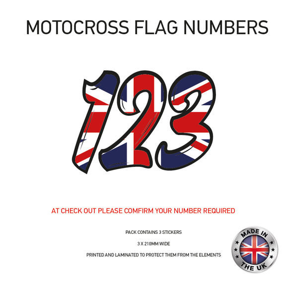 MFN08 3 x UK Flag Race Number Vinyl Stickers Motorbike Motorcross Quad