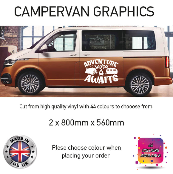 LCG19 Adventure Awaits Camping Tent Mountains Graphic stickers fits all Motorhomes And Campervans